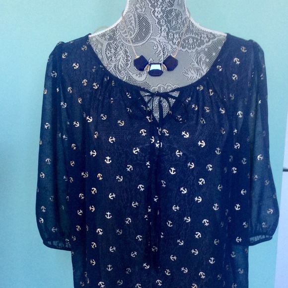 ❤️ UMGEE Blue Sheer Blouse w/ Silver Anchors - S - Picture 4 of 5